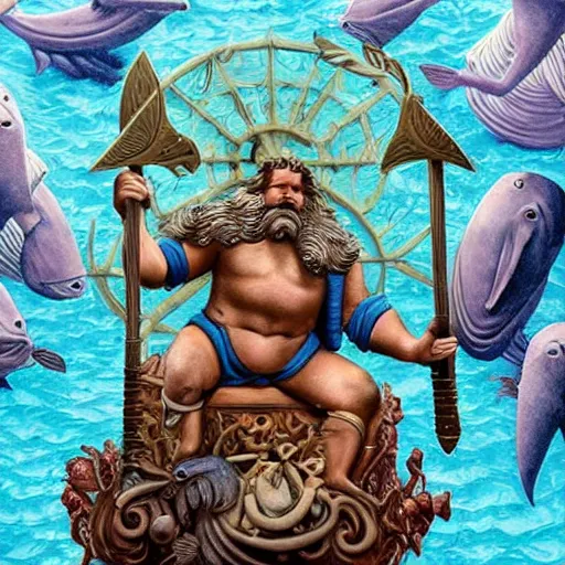 Image similar to The sculpture shows a mythological scene. A large, bearded man is shown seated on a throne, surrounded by sea creatures. He has a trident in one hand and a shield in the other. Behind him is a large fish, and in front of him are two smaller creatures. by Casey Weldon rich details, tumultuous