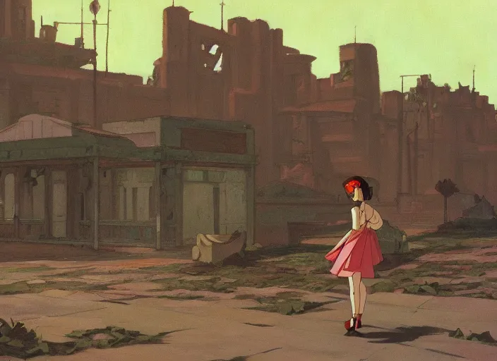 Image similar to a flower on the background of a ruined city, dieselpunk, by Studio Ghibli and Edward Hopper