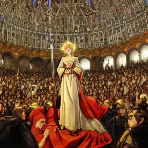 Prompt: Jeanne d\'Arc shining amidst the crowd