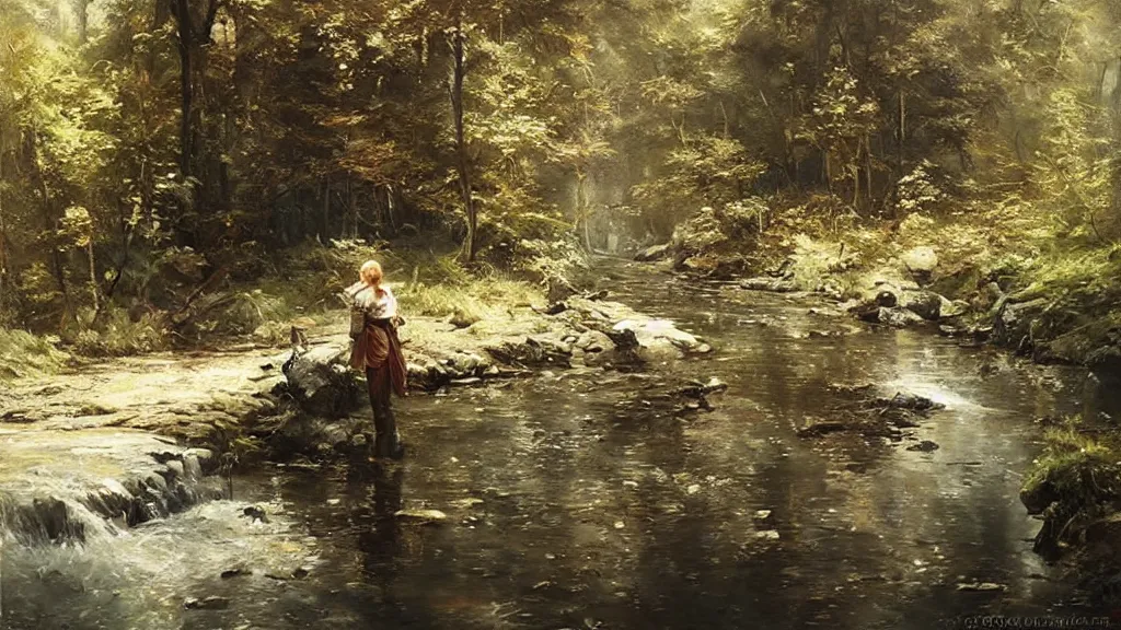 Prompt: A beautiful, highly detailed, masterpiece, next to a small crystal clear river, oil painting by Greg Rutkowski.