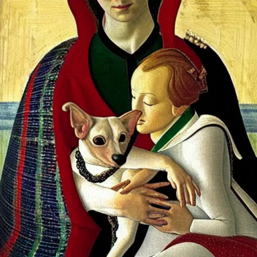 Image similar to portrait of an italian greyhound as an italian queen, holding a small person in her lap, painting by sandro botticelli