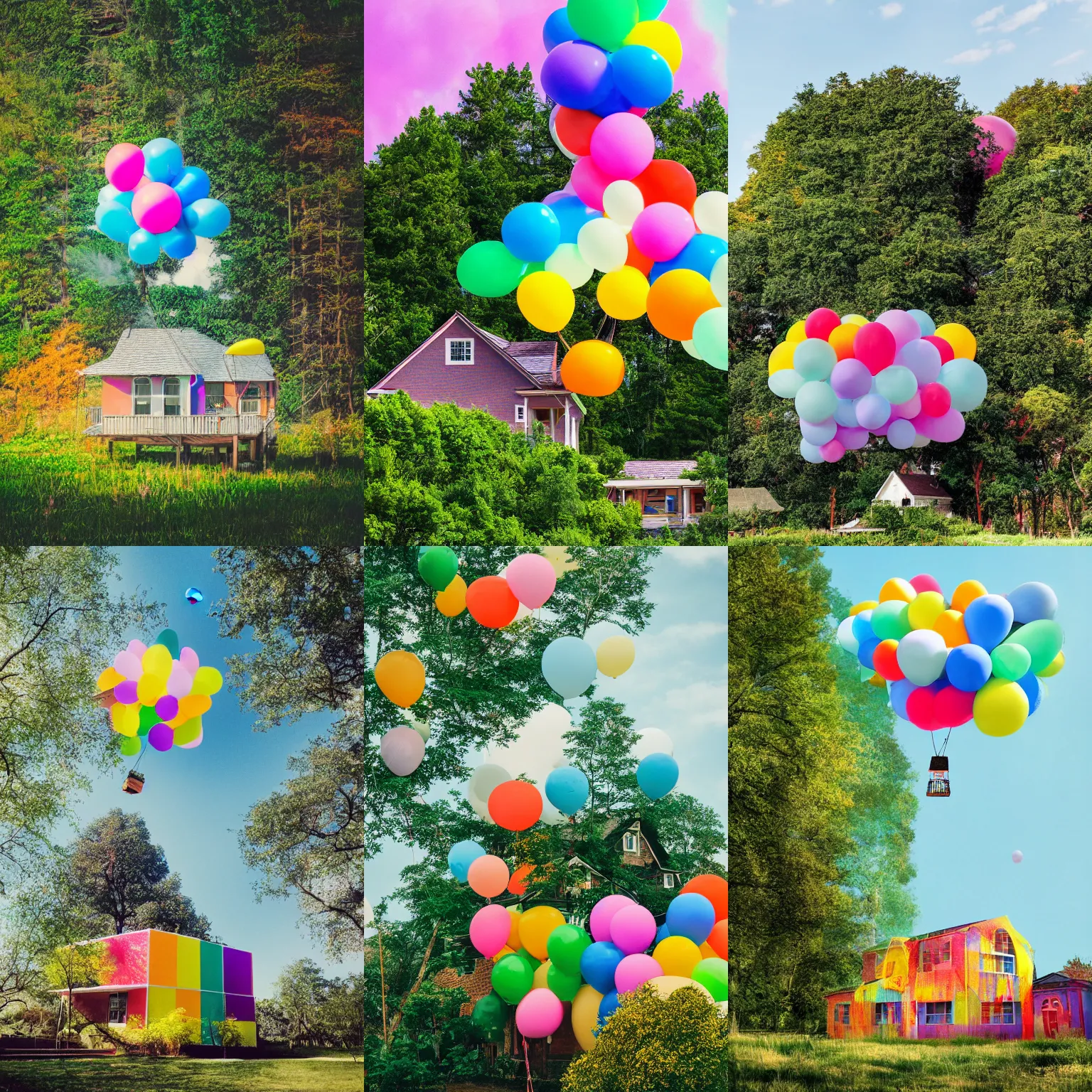 Prompt: house floating through the sky being lifted by multi - color balloons, trees in foreground, film grain, panasonic lx 5, 2 0 0 0 s photo