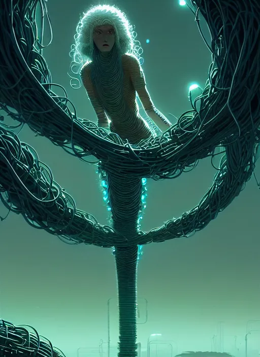 Prompt: highly detailed portrait of a biopunk long curly white hair tribal lady, stray wiring by atey ghailan, james gilleard, by joe fenton, by greg rutkowski, by greg tocchini, by kaethe butcher, 4 k resolution, gradient green, black and white color scheme!!! ( ( irradiated robotic spire landscape background ) )