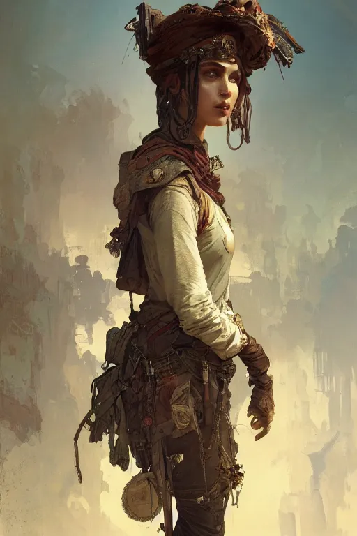 Image similar to A full portrait of a beautiful post apocalyptic Bedouin explorer, intricate, elegant, highly detailed, digital painting, artstation, concept art, smooth, sharp focus, illustration, art by Krenz Cushart and Artem Demura and alphonse mucha