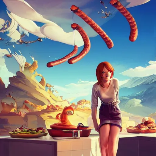 Prompt: emma stone happy to see flying big italian sausages by concept artist gervasio canda, behance hd by jesper ejsing, by rhads, makoto shinkai and lois van baarle, ilya kuvshinov, rossdraws global illumination radiating a glowing aura global illumination ray tracing hdr render in unreal engine 5