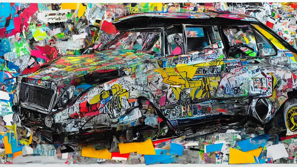 Prompt: lowrider crash test, collage paper and tape, pencil and graffiti marker, acrylic on canvas, expressionism, high resolution, cinematic, unreal 6 breathtaking detailed, by blake neubert