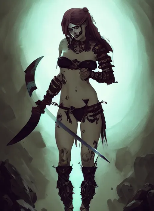 Image similar to portrait of cute goth muscular warrior girl cowered in celtic tattoos, dressed in armor bikini, holding a sword, dark fantasy, by atey ghailan, by greg rutkowski, by greg tocchini, by james gilleard, by joe gb fenton, by kaethe butcher, dynamic lighting, gradient light blue, brown, blonde cream and white color in scheme, grunge aesthetic