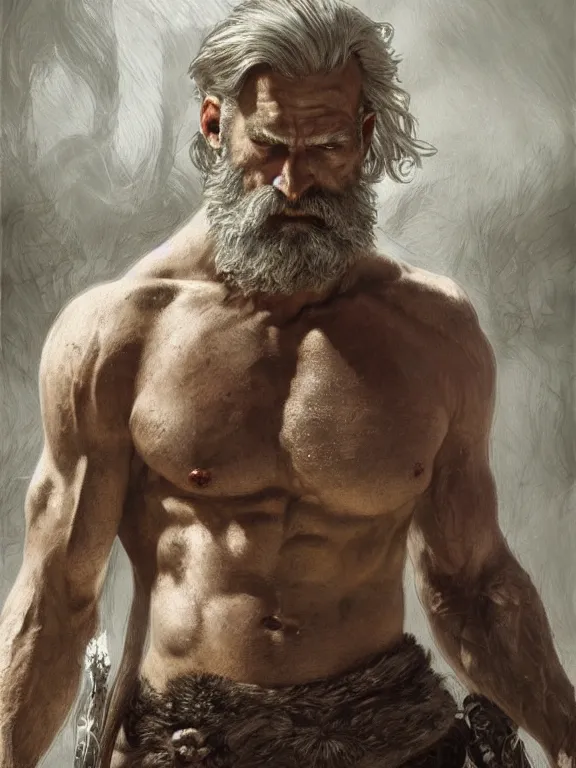 Image similar to painted portrait of rugged odin, god of war, norse god, white hair, masculine, mature, handsome, upper body, grey and silver, muscular, hairy torso, fantasy, intricate, muscular, elegant, highly detailed, digital painting, artstation, concept art, smooth, sharp focus, illustration, art by gaston bussiere and alphonse mucha