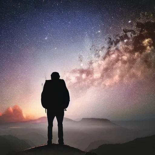 Image similar to a man wearing a backpack looking at the universe