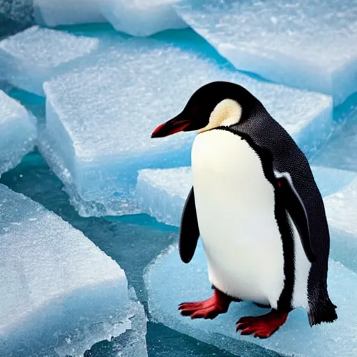 Prompt: photo of penguin sitting on small piece of ice