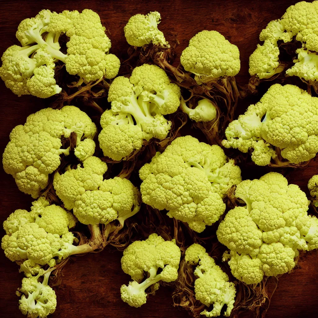 Image similar to large fractal of cauliflowers roots, over vivid dark wood table, precise, symmetrical, geometrical. food photography. super detailed. masterpiece