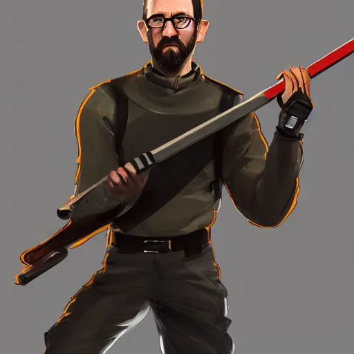 Prompt: A beautiful illustration and portrait of gordon freeman holding a crowbar, concept art, trending on artstation