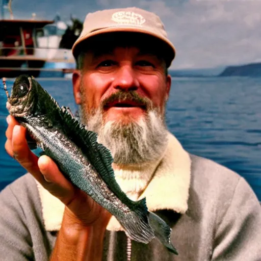 Image similar to photograph of steve zissou holding out a sardine for the loch ness monster, long shot