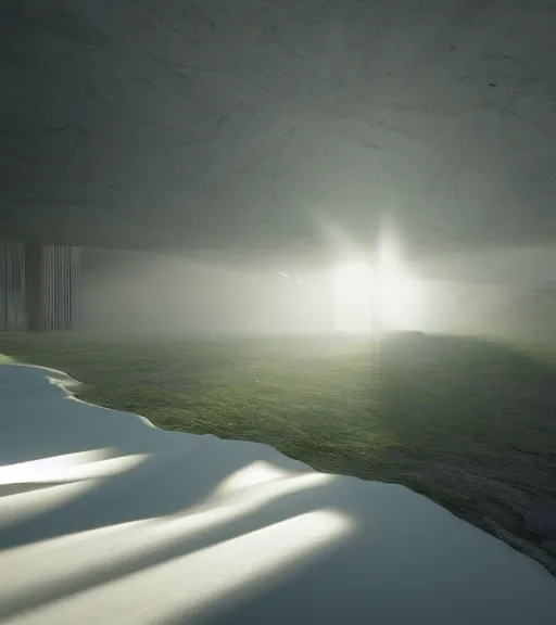 Prompt: the symmetric green cross lights in the artic, volumetric lighting, fog, majestic light, octane render, beauty fog, ethereal glare of the sun, hyperrealistic, epic, masterpiece, by peter zumthor