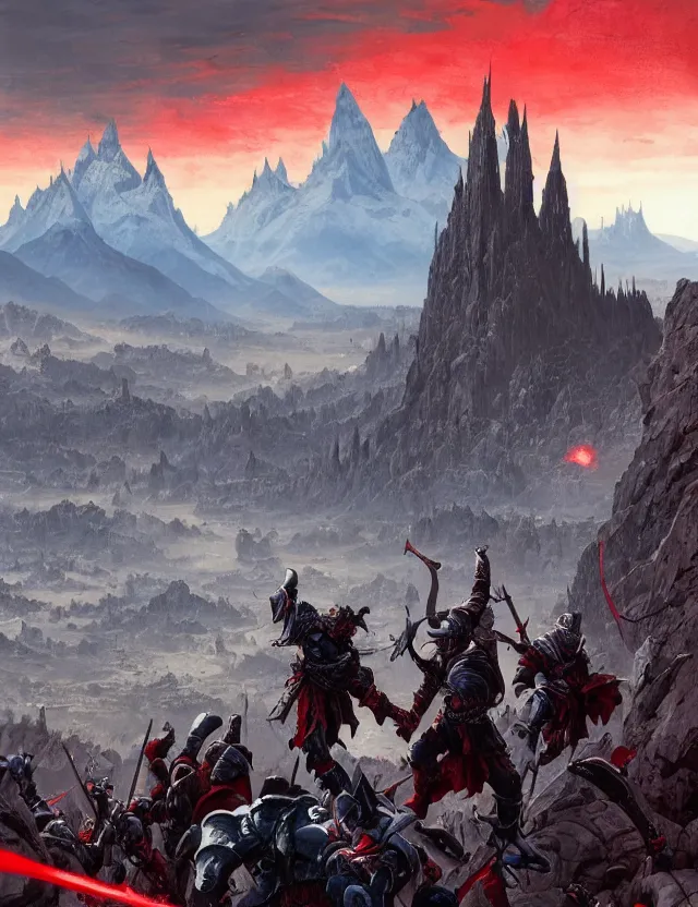 Image similar to wide angle shot from above of silver ornate armor slim handsome mma warriors in battle!!! mountains and giant gothic abbeys in the background, fine detail, 8 k, high contrast color scheme, blue at the background red at the foreground!!!, dynamic perspective, painted movie poster by greg rutkowski and peter mohrbacher