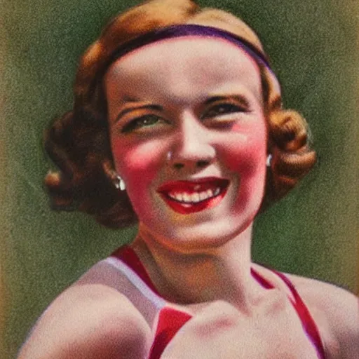 Prompt: a 1 9 3 0 s portrait. happy, healthy, beautiful, smiling, young, sporty, glowing woman in decent athletic wear. hyper - realistic detailed color drawing