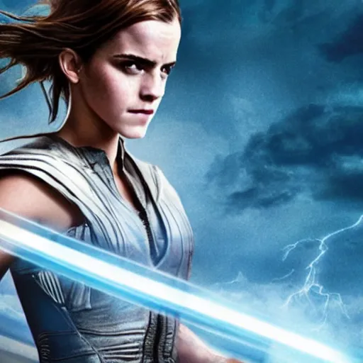 Image similar to photo of emma watson as zeus controlling thunderbolts