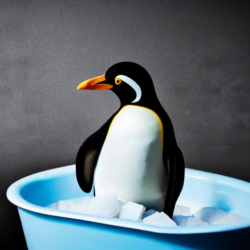 Prompt: Penguin bathing in a tub of money, bathroom, lots of money flowing, 4k, moody lighting