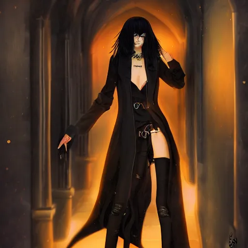 Image similar to 1 7 - year - old goth girl, black hair, long bob cut, long bangs, gothic coat, dark hallways, soft lighting, glowing keypads, orange keypads, roman pillars, strong lighting, strong shadows, vivid hues, ultra - realistic, sharp details, subsurface scattering, intricate details, hd anime, 2 0 1 9 anime