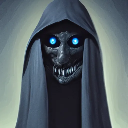 Image similar to award - winning. trending on artstation. 4 k. eerie tone. a shadowy figure wearing a hooded cape made of the night sky with infinite dark blue glowing eyes on its face and an open chest revealing rows of teeth. full - body. portrait.