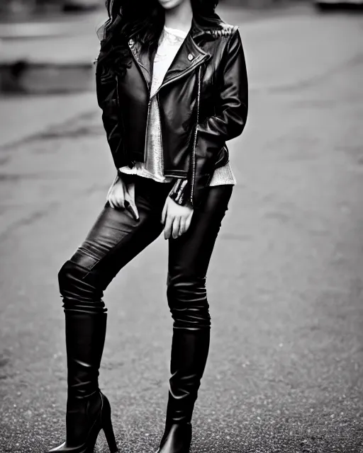 Image similar to young woman in her 20s, she wears a leather jacket and knee high boots, full body portrait, taken by a nikon, intricant, cinematic, wonderful dark hair