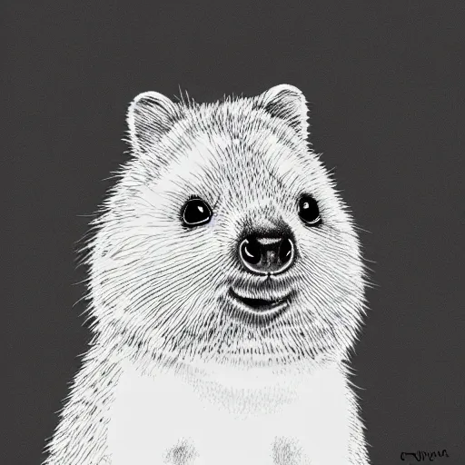 Prompt: monochromatic illustration of a happy quokka, one line, line drawing, unbroken, minimalist, white background, black and white