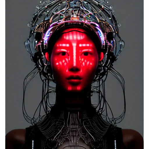 Prompt: portrait of an absurdly beautiful, graceful, sophisticated, fashionable asian cyberpunk mechanoid gravure idol, hyperdetailed illustration by irakli nadar, adut akech, matt wisniewski style, intricate linework, dark black porcelain skin, jellyfish headdress, unreal engine 5 highly rendered, global illumination, neon red light, detailed and intricate environment