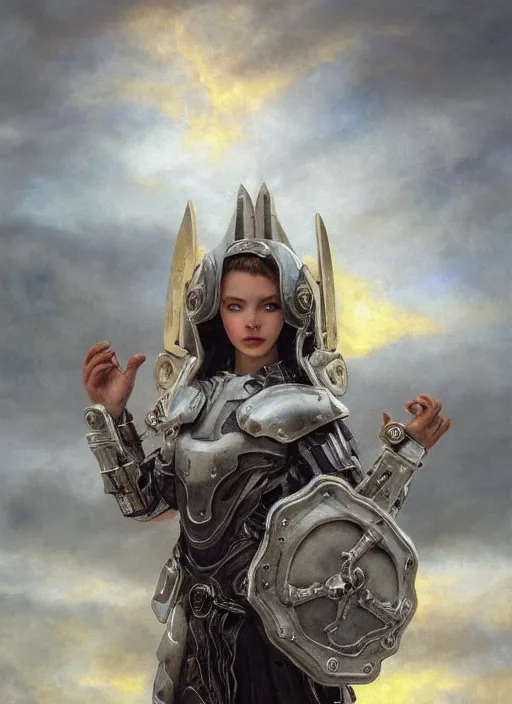 Prompt: symmetry!! closeup portrait of a beautiful biblical diabolical agile girl holding shield, reflective bio cyborg armor, in clouds, cinematic studio light, windy, sunrise, by gerald brom, by mikhail vrubel, by peter elson, muted colors, extreme detail! trending on artstation, 8 k