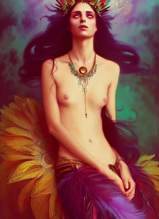 Image similar to ombre velvet gown, emerald, feathers, lovely bohemian princess, portrait, long hair, tiara, dozens of jeweled necklaces, feral languid woman, by greg rutkowski, brom, anato finnstark, alphonse mucha