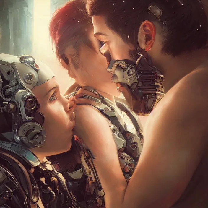 Image similar to ultra realistic portrait of a couple of cyborgs kissing, lovers, cyberpunk, sci - fi, fantasy, kodak, colour led, soft light, volumetric lighting, night, intricate, highly detailed, digital painting, concept art, smooth, sharp focus, illustration, art by artgerm and greg rutkowski and alphonse mucha
