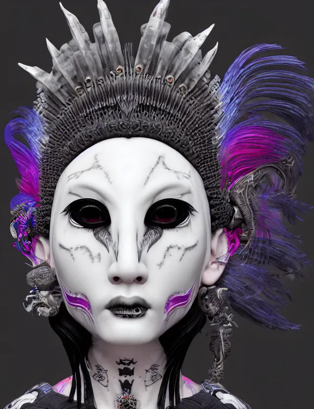 Image similar to 3 d goddess close - up profile portrait punk with mohawk with ram skull. beautiful intricately detailed japanese crow kitsune mask and clasical japanese kimono. betta fish, jellyfish phoenix, bio luminescent, plasma, ice, water, wind, creature, artwork by tooth wu and wlop and beeple and greg rutkowski