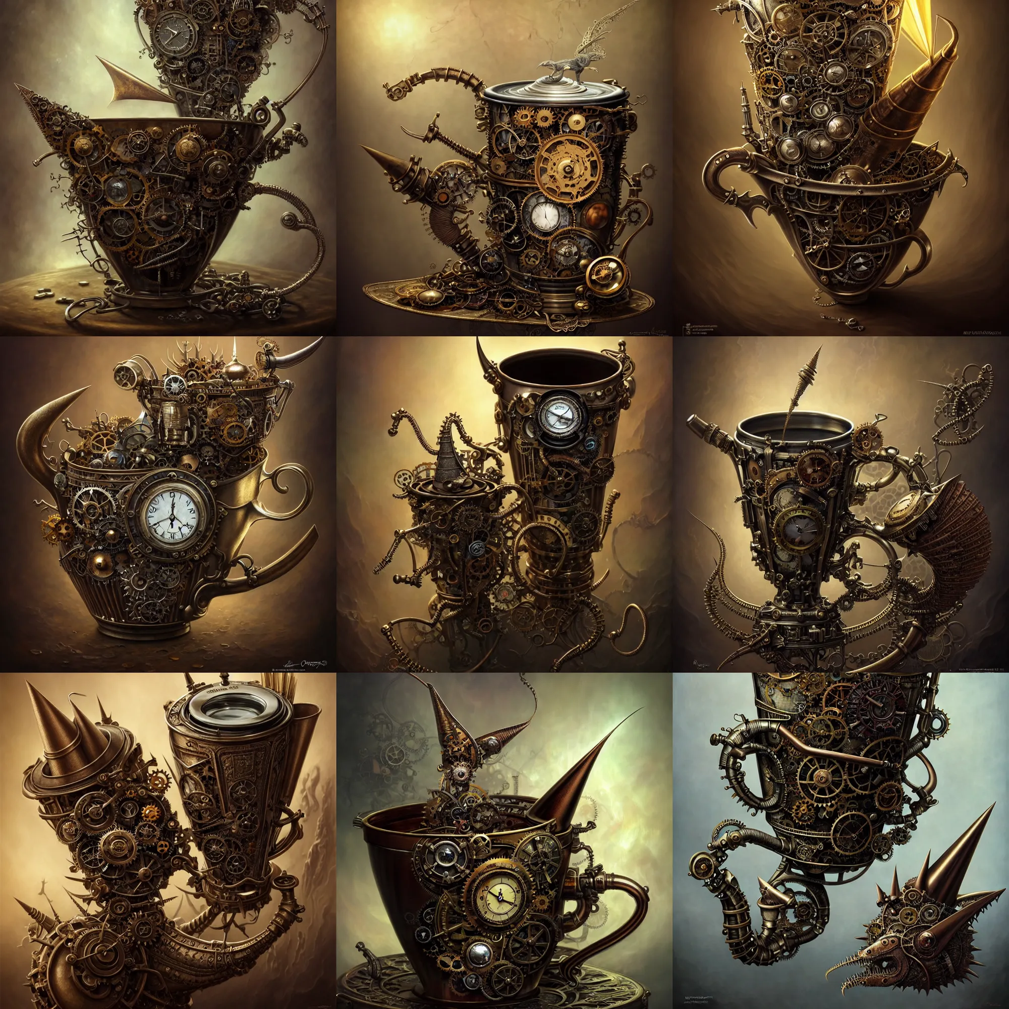 Prompt: steampunk cup with sharp cone tooth, unreal engine realistic render, 8 k, micro detail, intricate, elegant, highly detailed, centered, digital painting, artstation, smooth, sharp focus, illustration, artgerm, tomasz alen kopera, peter mohrbacher, donato giancola, joseph christian leyendecker, wlop, boris vallejo