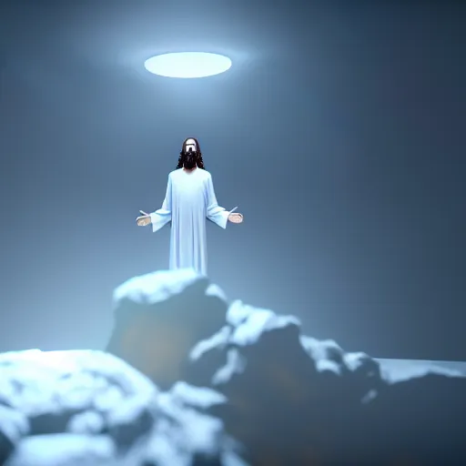 Image similar to the second coming of Jesus Christ, ascending down from heaven, Octane render, artistic, Cinema 4D, dark horror, 8k, hyperrealistic