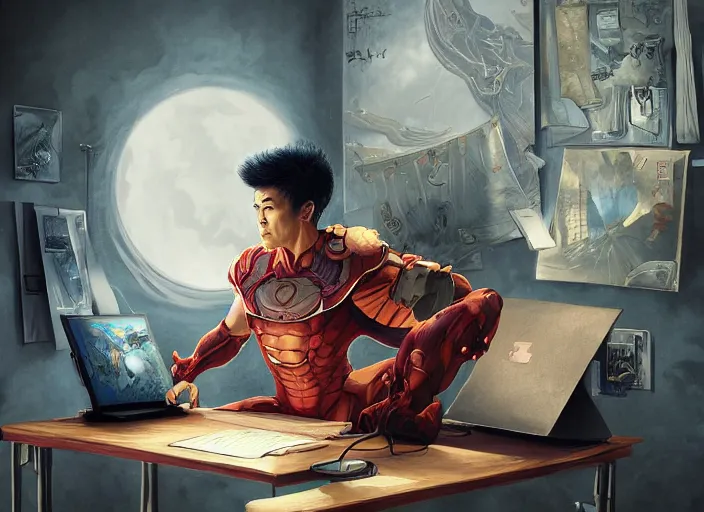 Image similar to an insanely detailed painting of an asian man wearing a homemade superhero costume, sitting at a desk, staring seriously at the computer and typing, in the style of peter mohrbacher, james jean, artgerm, dramatic lighting and composition, surreal background, octane render, pixar, trending on artstation, concept art, comic book, view from behind, 8 k