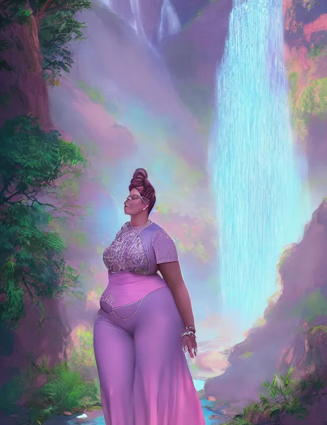 Image similar to full - figured techno - embroidered androgyne with filigree and beads walks by a waterfall in the sky, safe for work, vivid pastel color scheme, by award - winning concept artist, dynamic composition, backlighting, radiant light