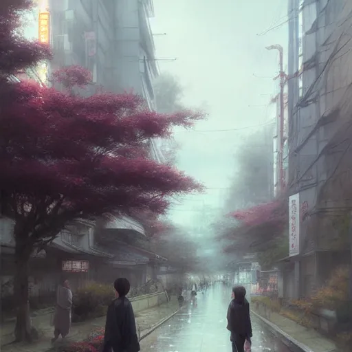 Image similar to walking from naka - meguro, tokyo. volumetric lighting, spring afternoon, overcast weather, realistic illustration, perfectly shaded, soft painting, art by krenz cushart and wenjun lin