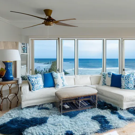 Image similar to A full shot of a coastal style living room with floor-to-ceiling windows with a sea view, inside the living room there is a white shag rug on top of which is a white sofa with blue and white patterned pillows and next to it is a marble coffee table, light blue walls, 4K photograph