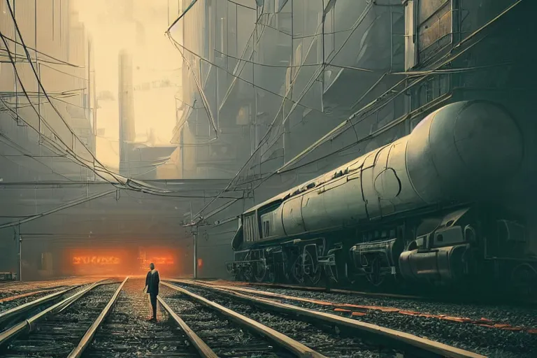 Image similar to a man standing in front of a train on a train track, cyberpunk art by mike winkelmann, trending on cgsociety, retrofuturism, reimagined by industrial light and magic, darksynth, sci - fi