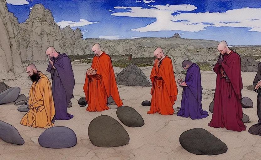 Image similar to a hyperrealist watercolour concept art of a group of medieval monks in grey robes kneeling in prayer. five large stones are floating in the sky. on a desert road. by rebecca guay, michael kaluta, charles vess and jean moebius giraud. high detail, hq, wide shot