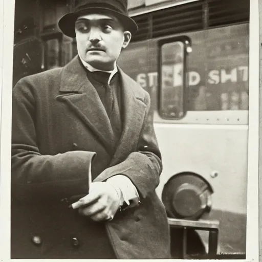 Prompt: a man checks his watch in NYC waiting for a subway circa 1923