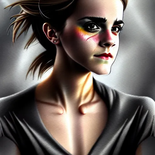 Image similar to Very funny Emma Watson looking like an old monkey, colorful painting on grey scale face, powerful , magic, thunders, dramatic lighting, intricate, wild, highly detailed, digital painting, artstation, concept art, smooth, sharp focus, illustration, art by artgerm and greg rutkowski and alphonse mucha, footage