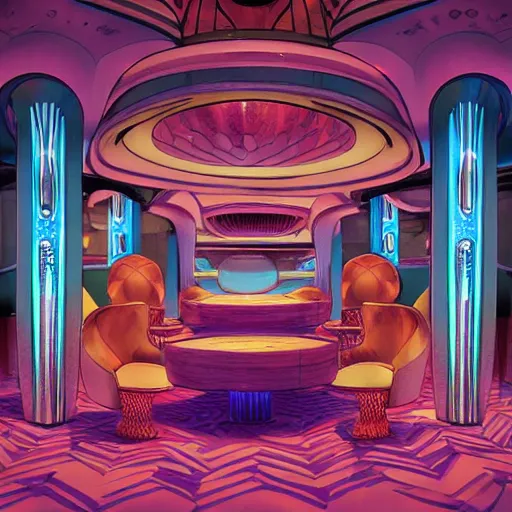 Image similar to beautiful Peter Mohrbach and tyler edlin highly detailed illustration of an underwater art deco lounge