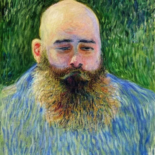 Prompt: monet painting of a bearded man with shaved head, he is vomiting on a soccer ball, highly detailed, realistic,