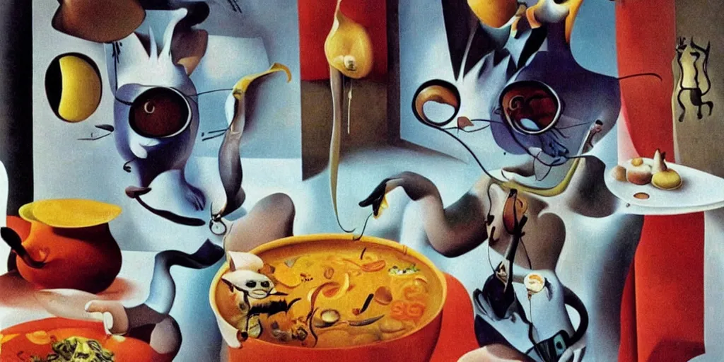 Image similar to anthropomorphic cats chef cooking a delicious colorful soup on TV show, by Salvador Dali