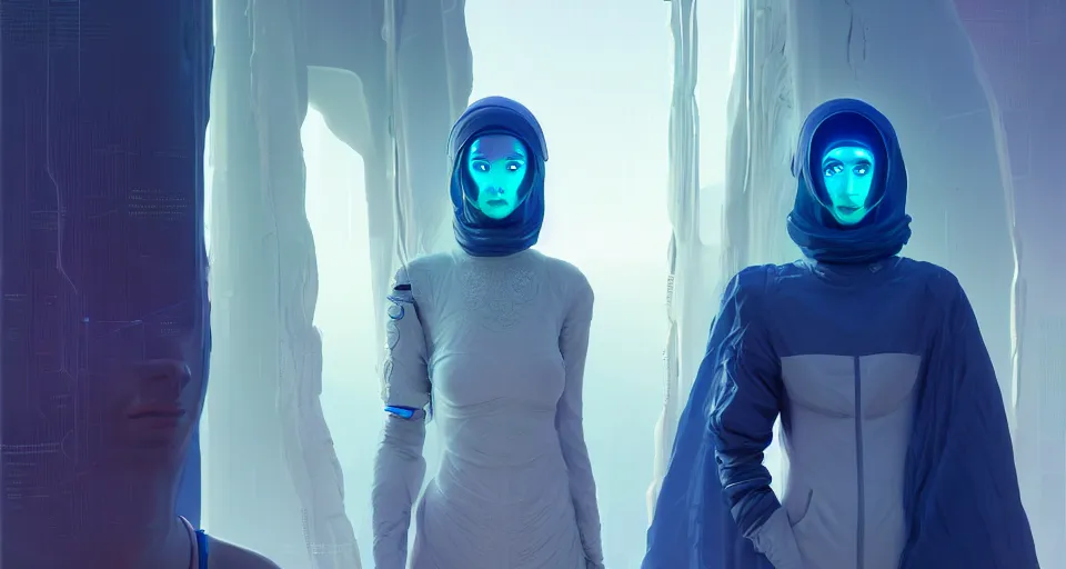 Image similar to portrait of yael shelbia and kang seul - gi, venus squid astronaut, burka, symetrical facial, white hair, intricate design details. cyberpunk, touareg, by ruan jia and beeple. smooth gradients, deep space.