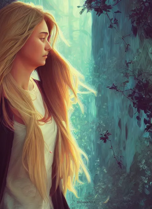 Image similar to handsome young women with shoulder length blonde hair, epic, half body shot, path traced, highly detailed, high quality, digital painting, alena aenami, lilia alvarado, shinji aramaki, karol bak, alphonse mucha, tom bagshaw