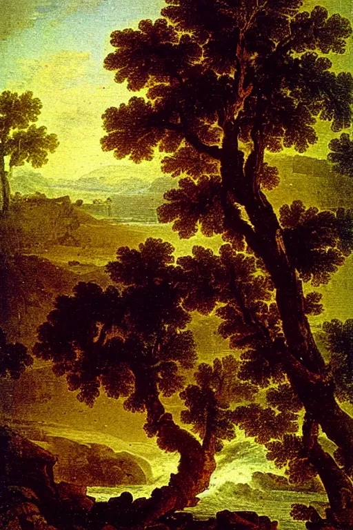 Prompt: oil painting of a old tree next to a raging river by claude lorrain