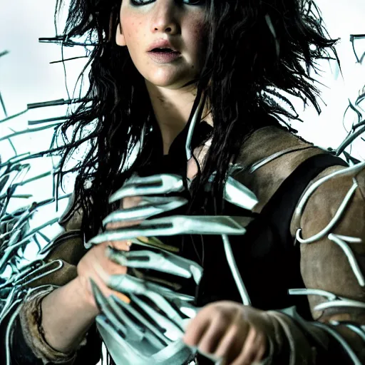 Image similar to jennifer lawrence as eddy scissorhands in edward scissorhands remake, ( eos 5 ds r, iso 1 0 0, f / 8, 1 / 1 2 5, 8 4 mm, postprocessed, crisp face, facial features )