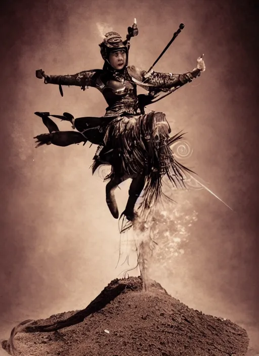 Image similar to old vintage photo of full body Chinese ancient warrior female on the complex steam punk hooverboard with Jet engine, extreme sports photography , dynamic photography,clean symmetrical face, high speed,dirt and grawel flying in the spot, lens flares, dust in the air, dramatic lighting, intricate, highly detailed, centered, smooth, sharp focus, sports photography, old photo, black and white, sepia, cinematic lighting, cinematic angle, national geographic