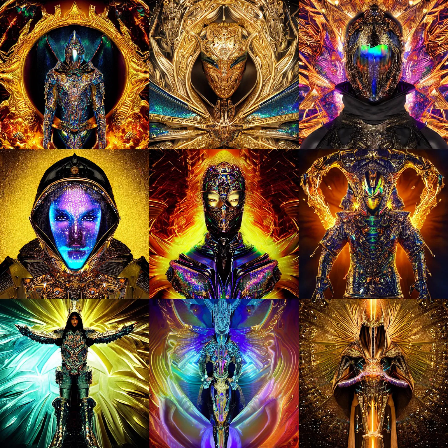 Prompt: Ultra realist and ultra intricate dark iridescent detailed painting of an powerful hooded divine royal being wearing body armor and brandishing a futuristic golden sword enveloped in iridescent flames, human face, biomechanical complex torso covered in iridescent 3D processor microchips, 3D render, 4K, symmetry, rich style, glowing iridescent sparks and smoke behind, crystallic cyberpunk megastructure background, artstation, colorful, badass, dark ominous stealth, colorful lens flares, unreal render, depth of field